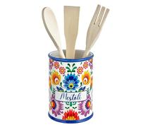 Baroni Home Porte-Louches en Céramique Décoré, Outils de Cuisine avec 3 Louches en Bois, Rangement Ligne Flora Peint à la Main, 11x11x25 cm