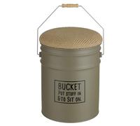 Baroni Home Pouf de rangement en métal tourterelle, assise rembourrée revêtue en jute, avec poignée en métal et bois - Style poubelle vintage, parfait pour maison, entrée et chambre