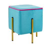 Baroni Home Pouf en Velours pour Salon, Tabouret avec Jambes Or, Repose-Pieds Confortable de Séjour, 33x33x38 cm, Turquoise avec Bordure Fuchsia