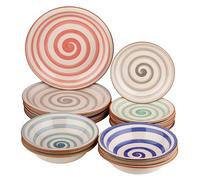 Baroni Home Servi de 18 assiettes en céramique, service de table décoré pour 6 personnes, assiette creuse, assiette, fruits ou sucré, style spirale