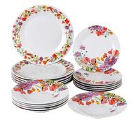 Baroni Home Service d'Assiettes 18 Pièces en Porcelaine et Grès, Servi de Table Colorée pour 6 Personnes, Assiette Creuse, Assiette, Fruits ou Sucré, Fantaisie Coquelicots