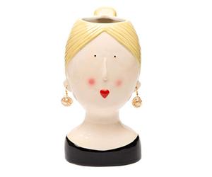 Baroni Home Vase Décoratif en Céramique Peint à la Main pour Fleurs et Plantes, Intérieur et Extérieur - Girl Blonde avec Boucles d'Oreilles, 13x13x25 cm