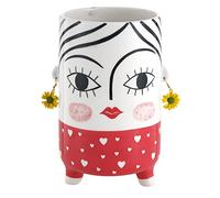 Baroni Home Vase en Céramique avec Visage, Pot Moderne de Design Peint à la Main, Vase pour Plantes et Fleurs d’Intérieur et d’Extérieur, Style Pop, Cylindrique Robe Rouge, 9x7x21 cm