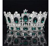 Baroque Big Tiara Crown Rhingestone Crystal Large Diadem Bridal Wedding Hair Bijoux Tiaras and Crowns Hedsion Hair Hair Ornements (Silver Green Crown)
