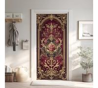 Baroque Luxueux Poster De Porte Trompe L'oeil, Vintage Médiéval Auto-Adhésif Sticker Mural, pour Chambre Salon Cuisine Fleurs Sauvages Floral Rouge Stickers Autocollants de Porte 85x215 cm
