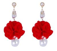 Baroque Pearl Dangle boucles d'oreilles pour les femmes Tissu rouge Fleur Or Ton Déclaration d'accent Bijoux, boucles d'oreilles de style vintage romantique pour invité de mariage, Date Nuit & Brunch