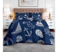 Barre Ancre Voilier Parure de Couette 140 x 200 cm, Art Au Trait Couette 4 Saisons en Microfibre, Garçons Lavable Couettes Matelassée pour Chambre De Garçon Chambre D’Hôtes Couettes sans Housse