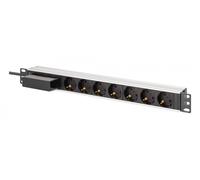 Barre d'alimentation PDU Rack 19" avec disjoncteur Type C 16A, 7 prises Schuko CEE 7/3 (45°), câble de 1,8 m, fiche Unischuko CEE 7/7, 16A, aluminium