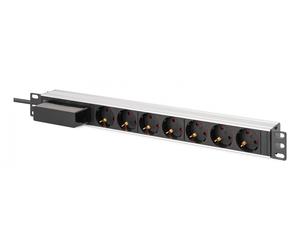 Barre d'alimentation PDU Rack 19" avec disjoncteur Type C 16A, 7 prises Schuko CEE 7/3 (45°), câble de 1,8 m, fiche Unischuko CEE 7/7, 16A, aluminium