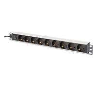 Barre d'alimentation PDU Rack 19" avec fusible de surcharge, 9 prises Schuko CEE 7/3 (45°), câble de 2m, fiche IEC C14, 10A, aluminium