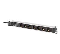 Barre d'alimentation PDU Rack 19" avec protection contre les surtensions + filtre EMI/RFI, 7 prises Schuko CEE 7/3 (45°), câble de 2m, fiche Unischuko CEE 7/7, 16A, aluminium