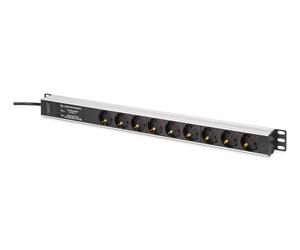 Barre d'alimentation PDU Rack (620 mm) avec protection contre les surtensions + filtre EMI/RFI, 9 prises Schuko CEE 7/3 (45°), câble de 2 m, fiche Unischuko CEE 7/7, 16A, aluminium