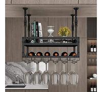 Barre de plafond réglable avec étagère, support mural en métal à 2 couches pour le rangement du vin et du verre dans un décor industriel