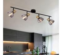 Spot plafond 4 flammes plafonnier rétro noir plafonnier cuisine 79 cm, spots orientables, laiton noir, verre fumé, 4x E14