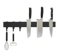 Barre Magnétique Porte-Couteaux Inox SUS304 Noir, Support Mural Sans Perçage Avec Crochets, 3 Tailles 30/40/50cm, Rangement Mural pour Couteaux et Ustensiles de Cuisine