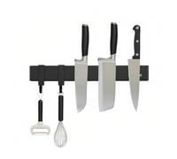 Barre Magnétique Porte-Couteaux Inox SUS304 Noir, Support Mural Sans Perçage Avec Crochets, 3 Tailles 30/40/50cm, Rangement Mural pour Couteaux et Ustensiles de Cuisine