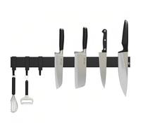 Barre Magnétique Porte-Couteaux Inox SUS304 Noir, Support Mural Sans Perçage Avec Crochets, 3 Tailles 30/40/50cm, Rangement Mural pour Couteaux et Ustensiles de Cuisine