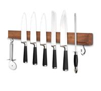 Barre magnétique pour couteaux de 50 cm en bois de noyer avec 2 crochets, porte-couteaux magnétique en bois avec aimant extra puissant