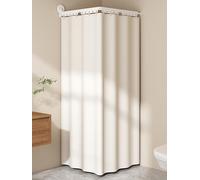 Barre Tringle Rideau Douche Angle Extensible Reglable Pliable Sans Percage avec Double Ventouse et Rideau de Douche en Lin Anti Moisissure Lavable en Machine(D-Beige,163 cm/64.2 in)