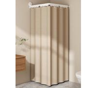 Barre Tringle Rideau Douche Angle Extensible Reglable Pliable Sans Percage avec Double Ventouse et Rideau de Douche en Lin Anti Moisissure Lavable en Machine(D-Apricot,197 cm/77.6 in)