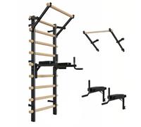 Barres de stalle - Station de traction et de dips réglable à fixation murale pour le fitness à domicile, barres simples et doubles amovibles, construction en pin massif pour adultes et enfants