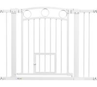Barrière de sécurité PawHut pour chiens, 76-104 cm Barrière d'escalier sans percer, verrouillable Barrière de sécurité avec chatière, Barrière de sécurité pour chiens de taille moyenne, Acier, Blanc