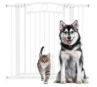 Barrière de sécurité PawHut pour Chiens, 76-104 cm Barrière d'escalier sans percer, verrouillable Barrière de sécurité avec chatière, Barrière de sécurité pour Tous Les Grands Chiens, Acier, Blanc