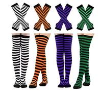 Barrlves Lot de 2/4 paires de chaussettes hautes rayées pour femme - Manches longues tricotées - Mitaines pour Halloween et Noël, Lot de 4 bandes noires + orange + violet + vert, taille unique