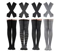 Barrlves Lot de 2/4 paires de chaussettes hautes rayées pour femme - Manches longues tricotées - Mitaines pour Halloween et Noël, 4 ensembles noir uni + blanc + gris foncé + gris, taille unique