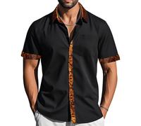 Barry.Wang Chemise à manches courtes boutonnée pour homme - Style formel - Décontracté - Coupe contrastée - Pour l'été, le travail, le mariage, le yacht, Contraste noir et orange, M