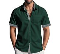 Barry.Wang Chemise à manches courtes boutonnée pour homme - Style formel - Décontracté - Coupe contrastée - Pour l'été, le travail, le mariage, le yacht, Contraste vert émeraude, M