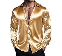 Barry.Wang Chemise à manches longues pour homme - Extensible - Solide - Boutonnée - En satin - Formelle - Décontractée - Affaires - Mariage, Or champagne satiné, S