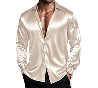 Barry.Wang Chemise à manches longues pour homme - Extensible - Solide - Boutonnée - En satin - Formelle - Décontractée - Affaires, beige, XL