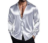 Barry.Wang Chemise à manches longues pour homme - Extensible - Solide - Boutonnée - En satin - Formelle - Décontractée - Affaires