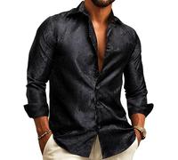 Barry.Wang Chemise de luxe pour homme en soie, motif cachemire floral, manches longues, grande taille, pour mariage, soirée, affaire et décontracté, Imprimé cachemire - Noir, L
