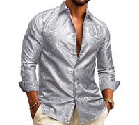 Barry.Wang Chemises de costume pour homme en soie à motif cachemire à manches longues boutonnées Grandes et Longues pour la Mode, les Loisirs, les Mariages, les Fêtes et les Bals de Fin d'Année, blanc