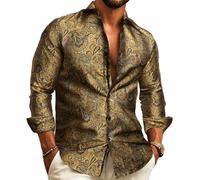 Barry.Wang Chemises de costume pour homme en soie à motif cachemire à manches longues boutonnées Grandes et Longues pour la Mode, les Loisirs, les Mariages, les Fêtes et les Bals de Fin d'Année, L
