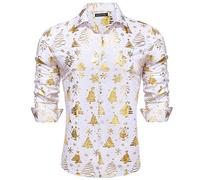 Barry.Wang Chemises de Noël de luxe dorées brillantes à manches longues pour homme, fête, festival, Halloween, hauts imprimés de Noël, Blanc/doré, S