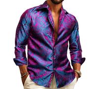 Barry.Wang Chemises pour hommes en soie de luxe à motif cachemire Grandes et grandes à manches longues Chemise d'affaires pour mariage et fête Rouge Noir S-3XL, Bleu/rouge, M