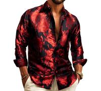 Barry.Wang Chemises pour hommes en soie de luxe à motif cachemire Grandes et grandes à manches longues Chemise d'affaires pour mariage et fête Rouge Noir S-3XL, noir/rouge, S