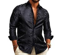 Barry.Wang Chemises pour hommes en soie de luxe à motif cachemire Grandes et grandes à manches longues Chemise d'affaires pour mariage et fête Rouge Noir S-3XL, fleurs noires, 3XL