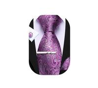 Barry.Wang Cravate carrée pour homme Motif cachemire rayé floral soyeux Poche Boutons de manchette Clip pour fête de mariage formelle d'affaires, Violet, blanc, noir, taille unique