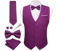 Barry.Wang Ensemble 6 pièces gilet de costume homme en lin formel/décontracté col en V avec cravate et nœud papillon - Couleur unie - Smoking pour fête de mariage, violet, Medium