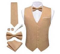 Barry.Wang Ensemble 6 pièces gilet de costume homme en lin formel/décontracté col en V avec cravate et nœud papillon - Couleur unie - Smoking pour fête de mariage, orange clair, XX-Large