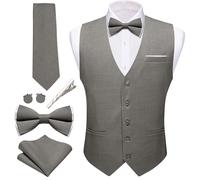 Barry.Wang Ensemble 6 pièces gilet de costume pour homme en lin formel/décontracté col en V avec cravate et nœud papillon - Couleur unie - Smoking pour fête de mariage, gris, XX-Large