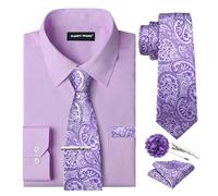 Barry.Wang Ensemble chemise et cravate pour homme, couleurs unies, chemises formelles à manches longues boutonnées décontractées 5 pièces, Violet lavande et blanc, Taille S