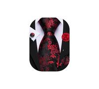 Barry.Wang Ensemble cravate florale avec épingle à revers pour homme en soie avec pochette et boutons de manchette pour mariage, soirée formelle et affaire, rouge/noir, taille unique