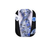 Barry.Wang Ensemble cravate florale avec épingle à revers pour homme en soie - Cravate, pochette et boutons de manchette pour mariage, soirée et affaire, Bleu/argenté, taille unique