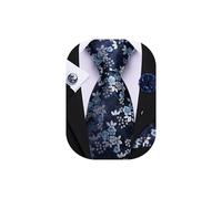 Barry.Wang Ensemble cravate florale avec épingle à revers pour homme en soie - Cravate, pochette et boutons de manchette pour mariage, soirée et affaire, Bleu marine/bleu clair, taille unique