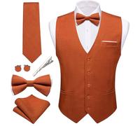 Barry.Wang Ensemble de 6 gilets pour homme en lin formel/décontracté avec col en V et nœud papillon - Couleur unie - Smoking pour fête de mariage, orange brûlé, Large